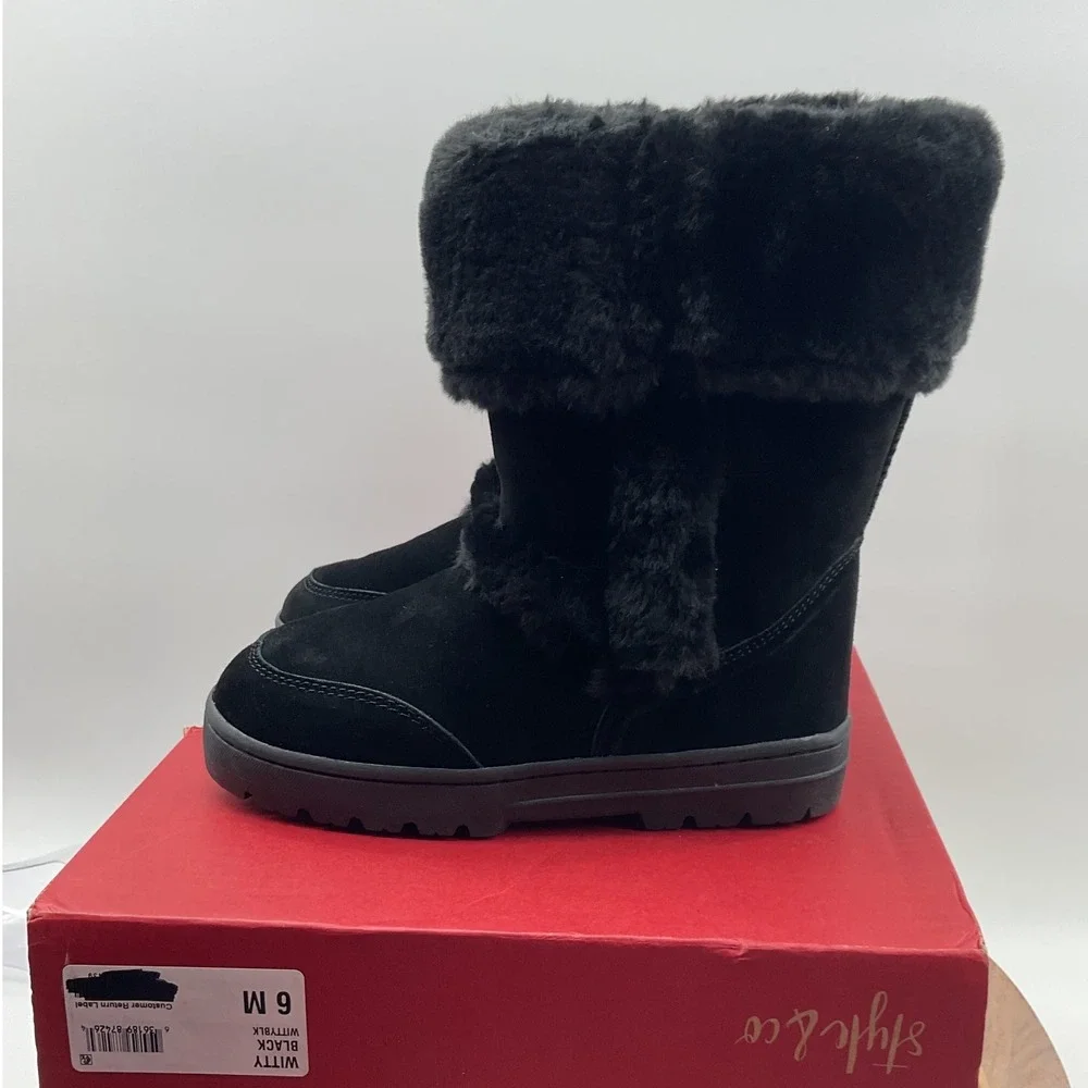 Style & Co Witty Black Suede Faux Fur Trim Mid-Calf Winter Boots Womens 6M